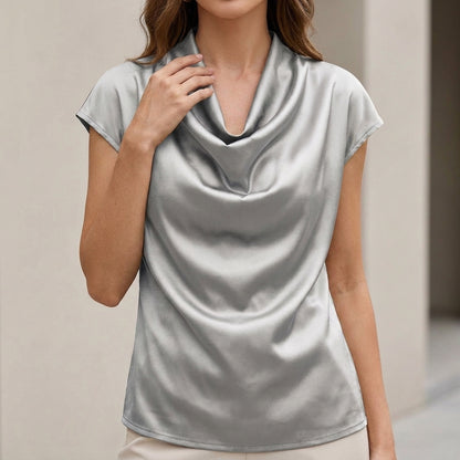 Relaxed Fit Cowl Neck Blouse with Draped Waterfall Silhouette