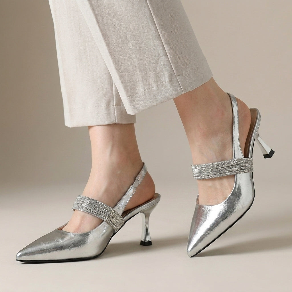 Crystal Strap Pointed Slingback Heels for Evening Elegance