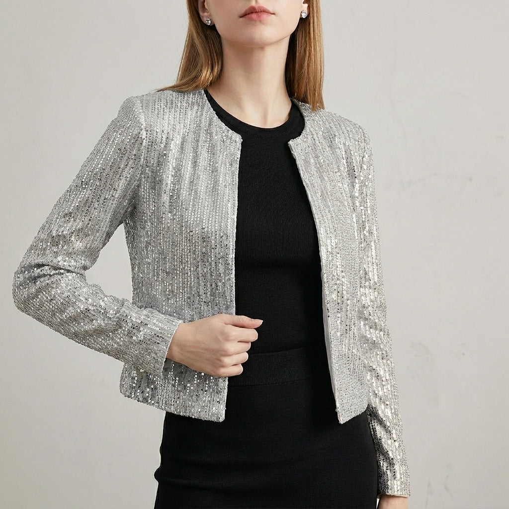 Tailored Cropped Sequined Cardigan Jacket with Structured Silhouette