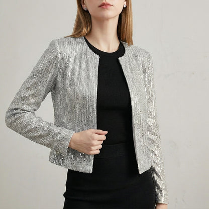 Tailored Cropped Sequined Cardigan Jacket with Structured Silhouette