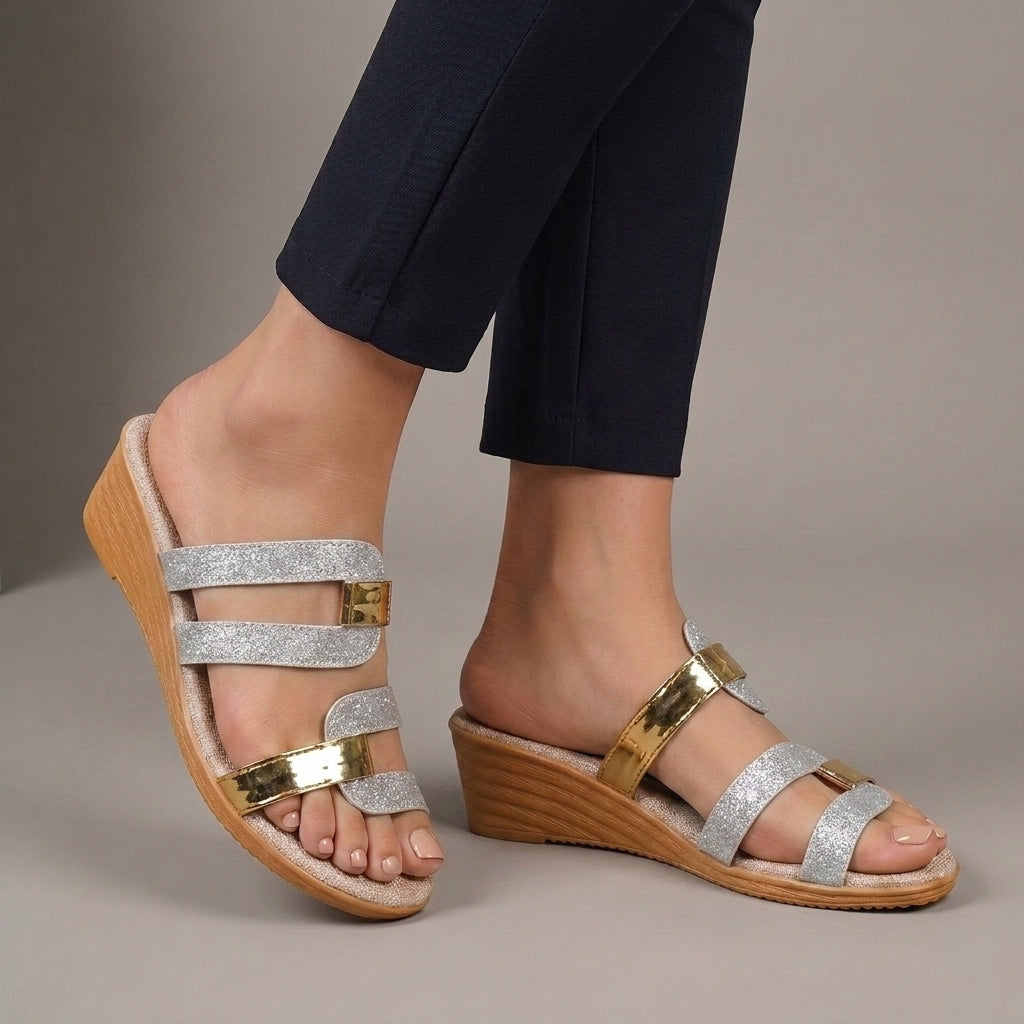 Shimmer Strap Wedge Sandals with Metallic Accent Details