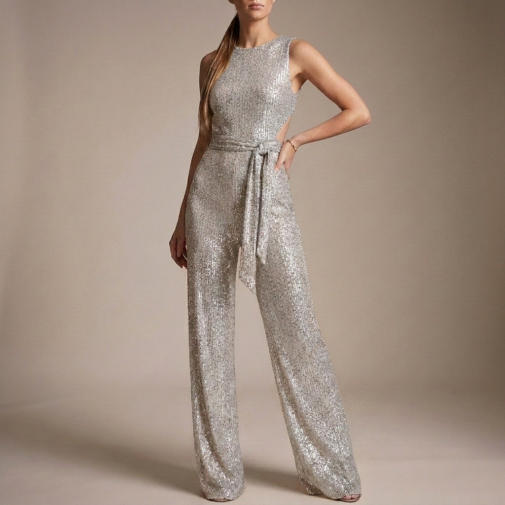 Glitter-Textured Wide-Leg Jumpsuit with Self-Tie Waist for Evening Elegance
