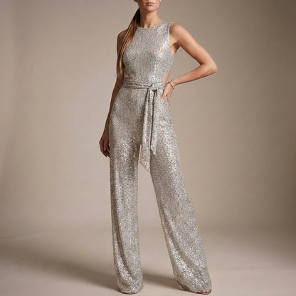 Glitter-Textured Wide-Leg Jumpsuit with Self-Tie Waist for Evening Elegance
