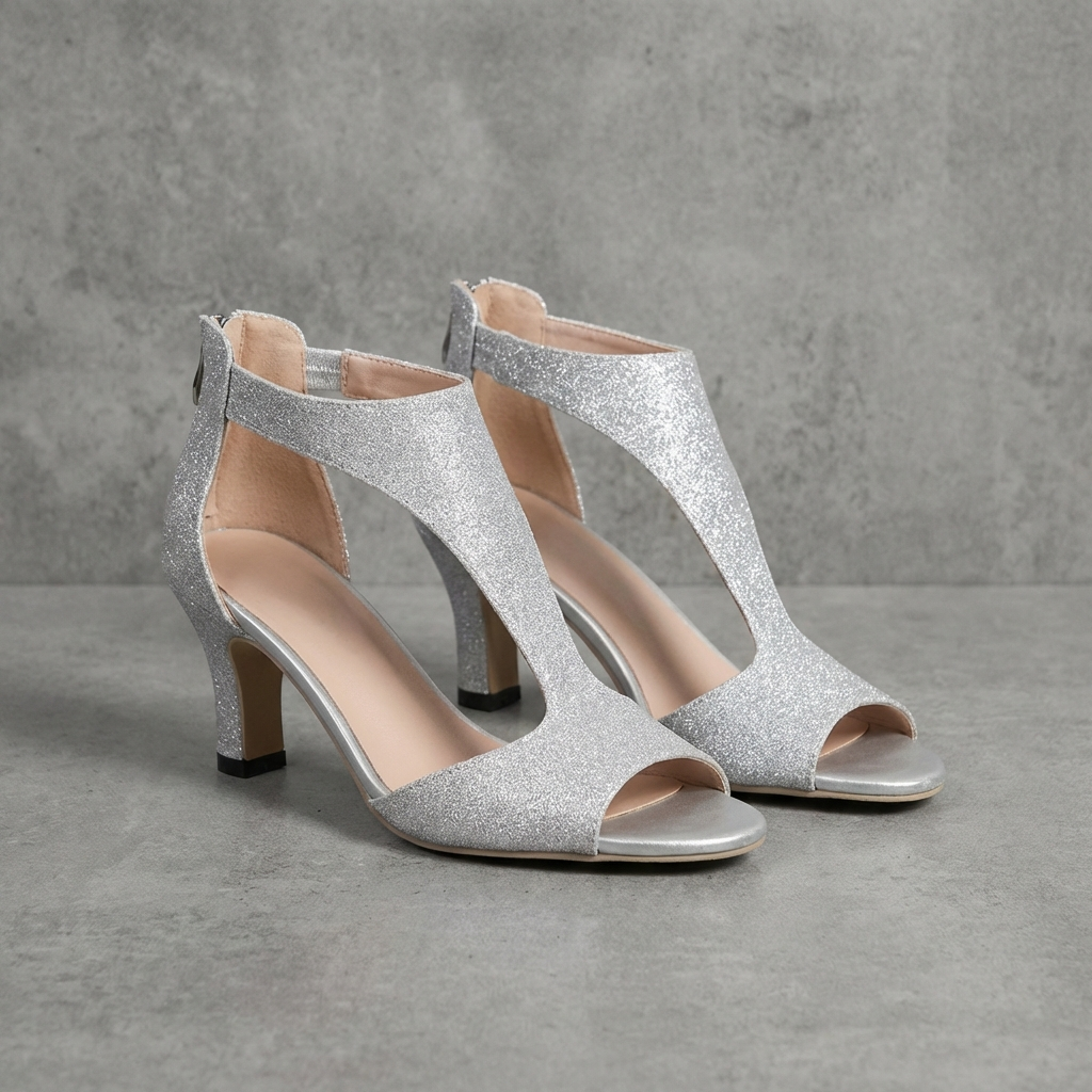 Mid-Heeled Peep-Toe Sandals with Glitter Finish and Cut-Out Sides