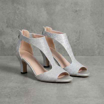 Mid-Heeled Peep-Toe Sandals with Glitter Finish and Cut-Out Sides