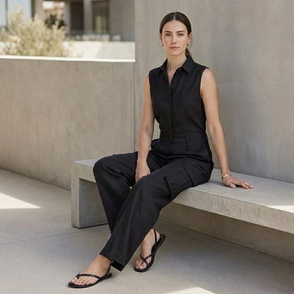 Tailored Sleeveless Utility Jumpsuit with Wide-Leg Silhouette and Collar