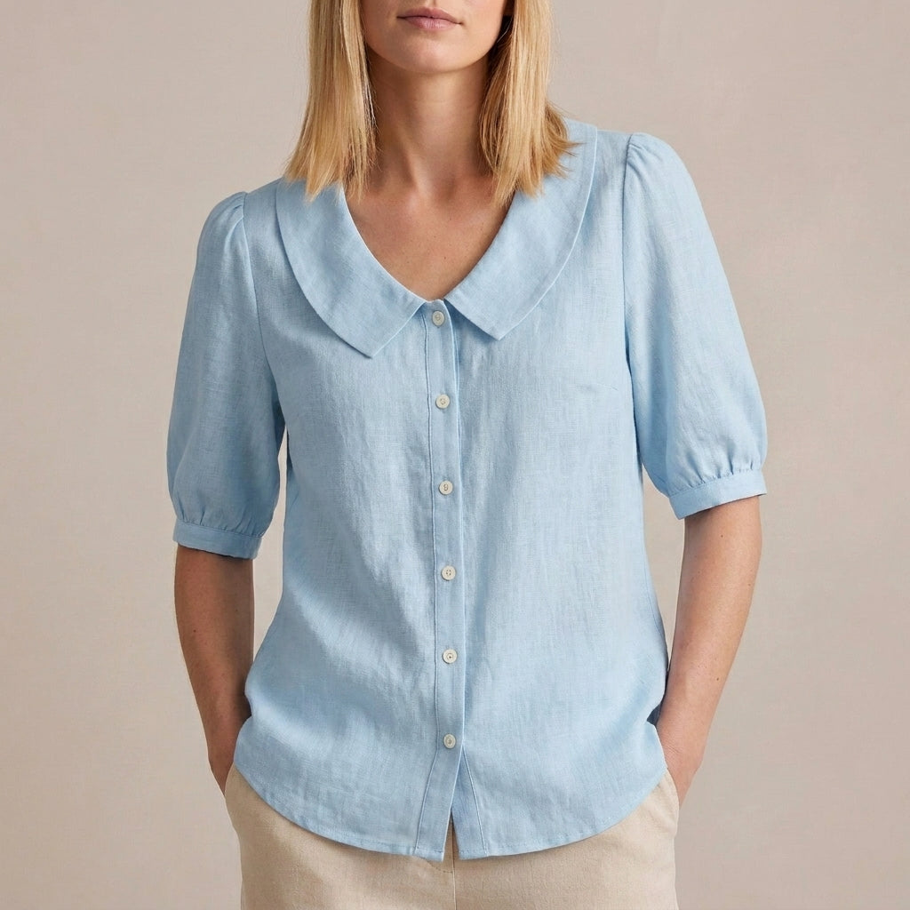 Relaxed Woven Button-Down Blouse with Peter Pan Collar and Puff Sleeves