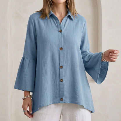 Relaxed Fit Textured Button-Down Blouse with Flared Bell Sleeves