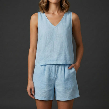 Relaxed V-Neck Vest and Pleated Shorts Set in Lightweight Woven Fabric