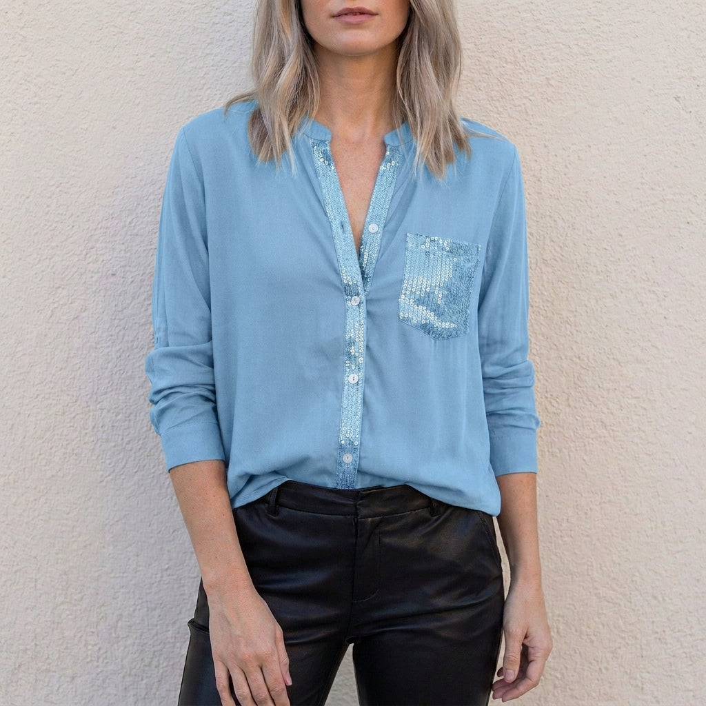 Relaxed Button-Front Statement Pocket Blouse