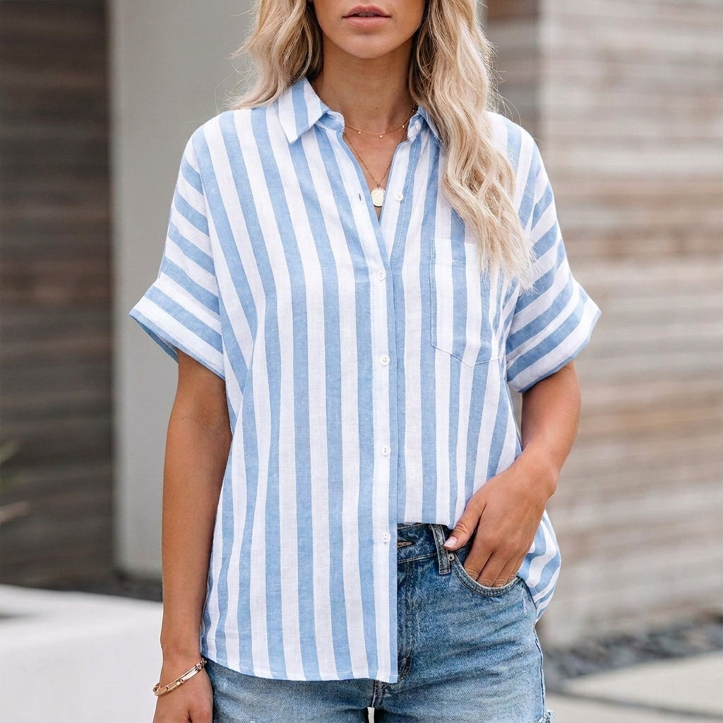 Relaxed Striped Button-Up Blouse with Effortless Coastal Summer Style