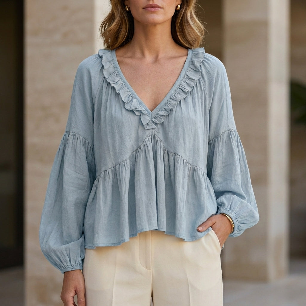 Ruffle Trim V-Neck Peplum Blouse