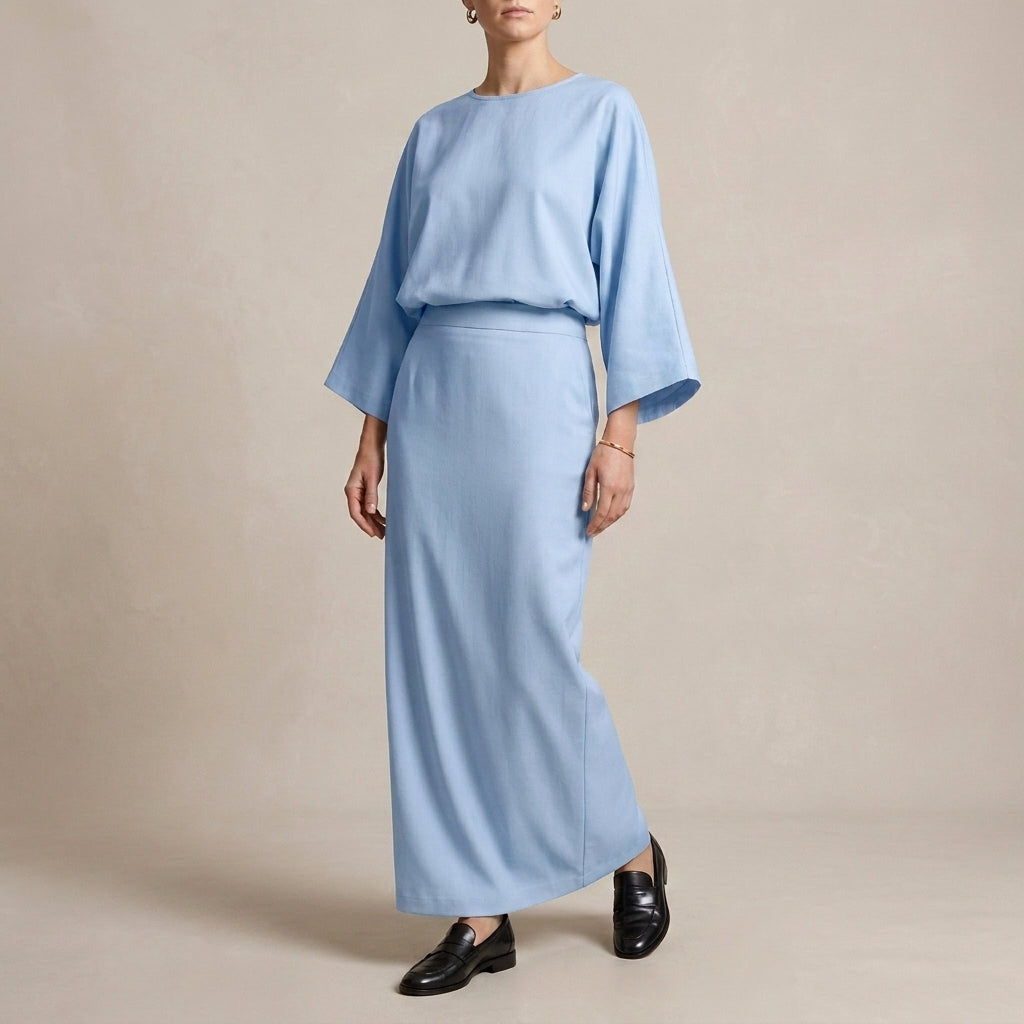Two-Piece Textured Woven Skirt Suit with Draped High-Waist Silhouette