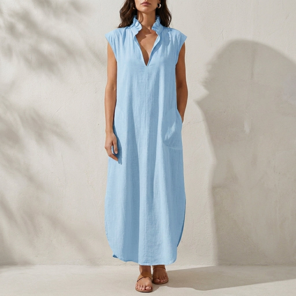 Relaxed Ruffle Collar Midi Dress with Side Pockets