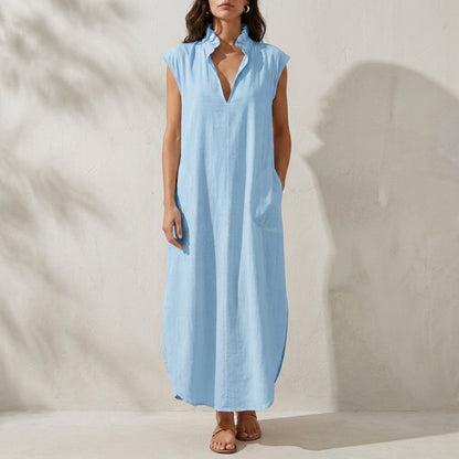 Relaxed Ruffle Collar Midi Dress with Side Pockets