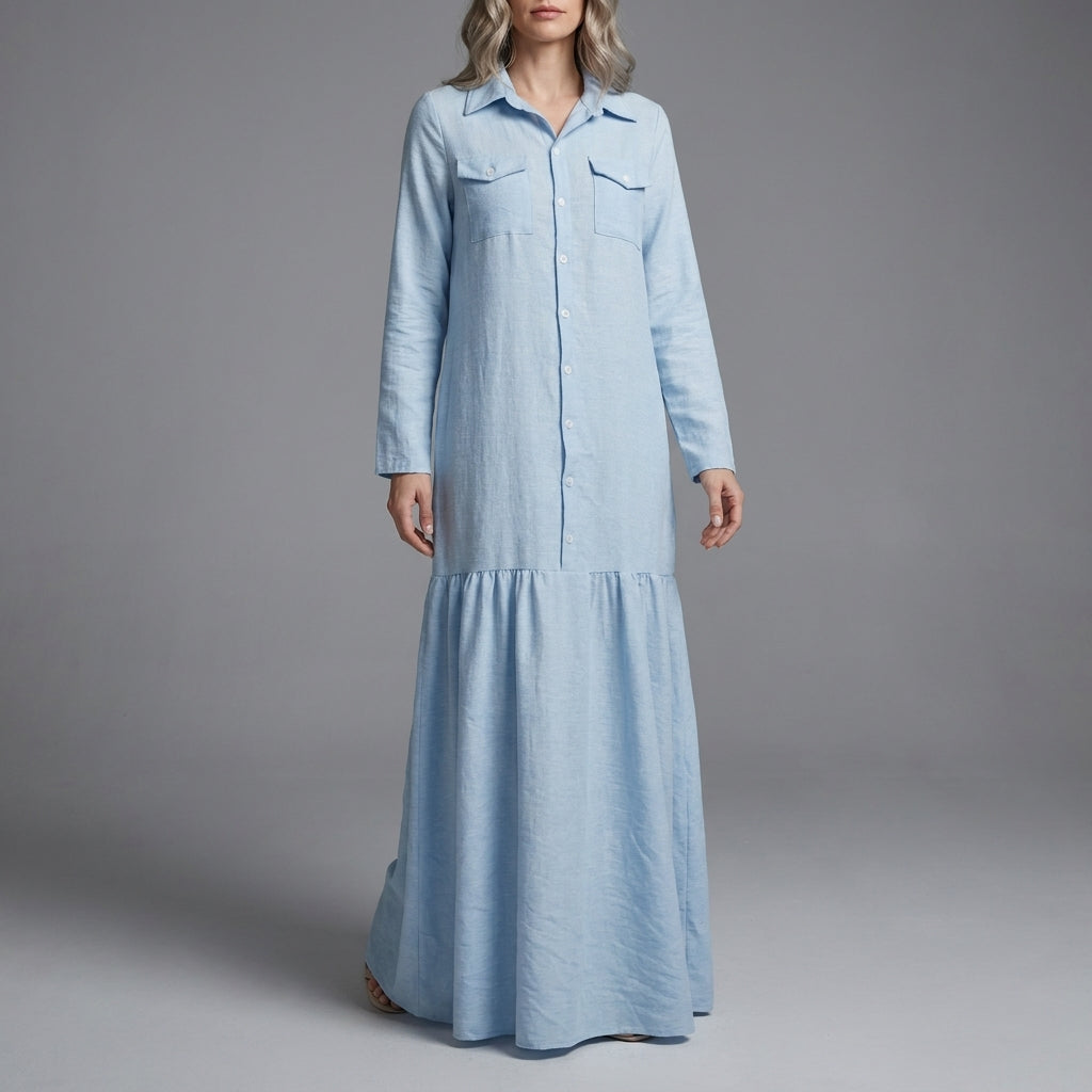 Coastal Breeze Button-Front Flowing Maxi Shirt Dress