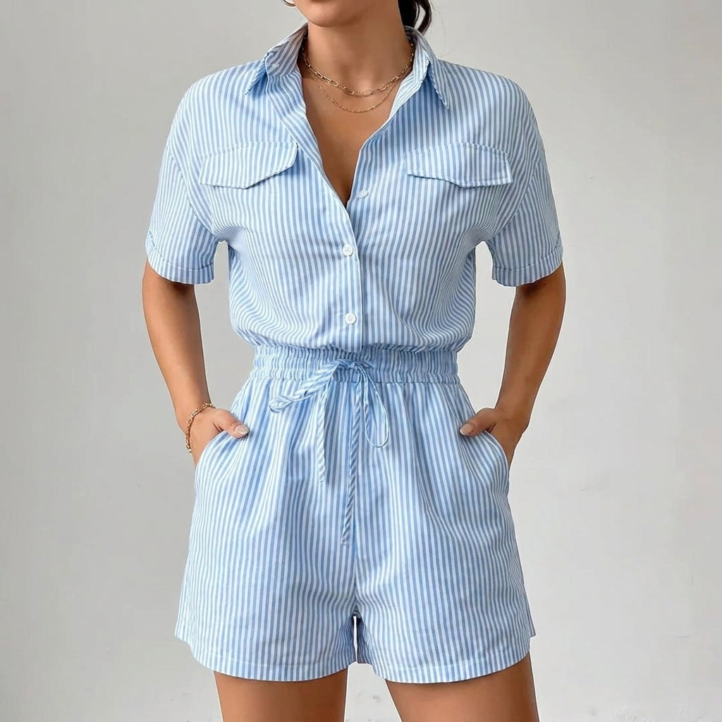 Tailored Vertical Stripe Romper with Collared Neckline and Drawstring Waist