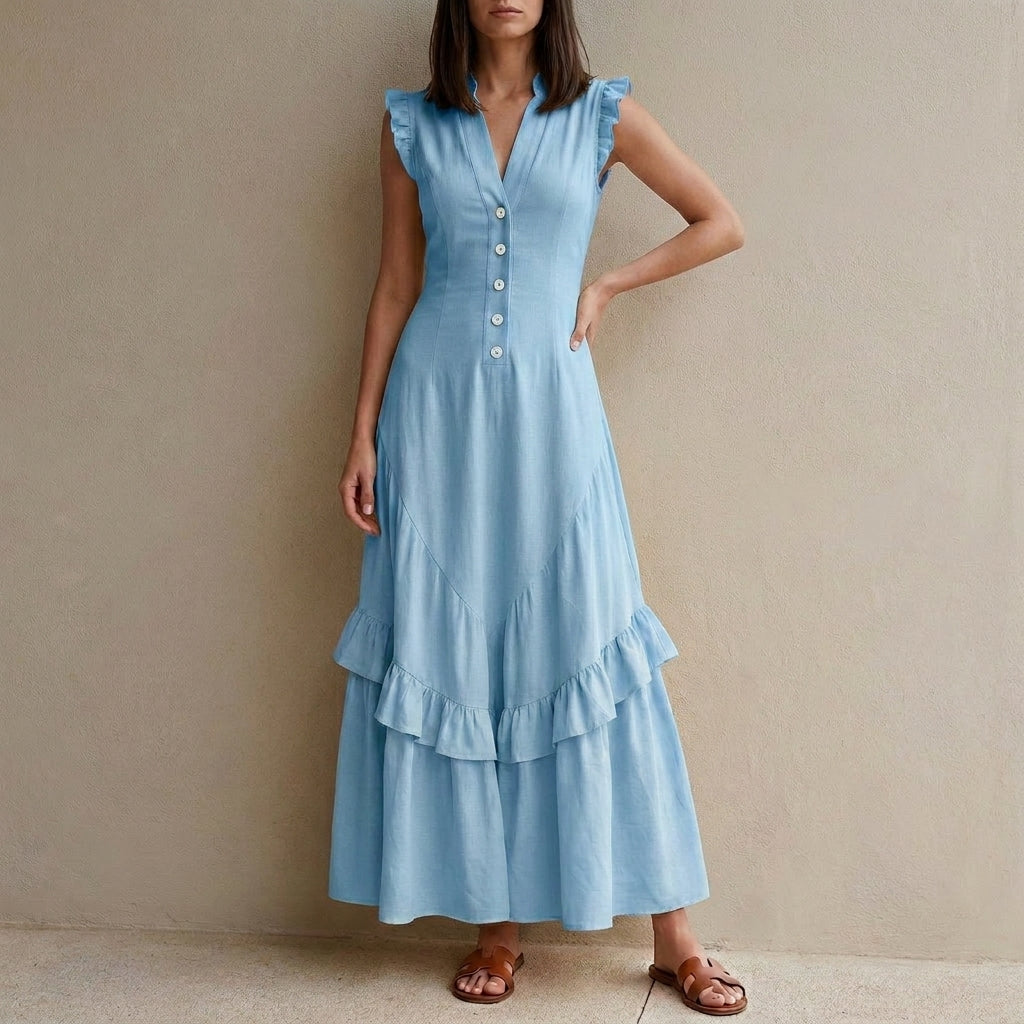 Ruffle Sleeve Button Front Midi Dress with Tiered Hem