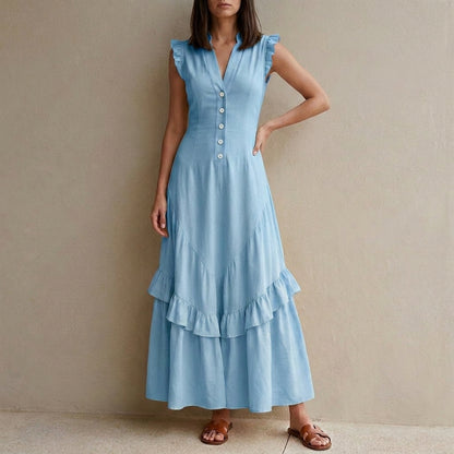 Ruffle Sleeve Button Front Midi Dress with Tiered Hem
