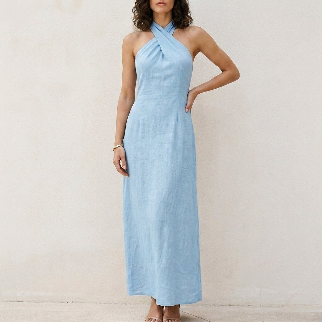 Coastal Elegance Cross Halter Maxi Dress