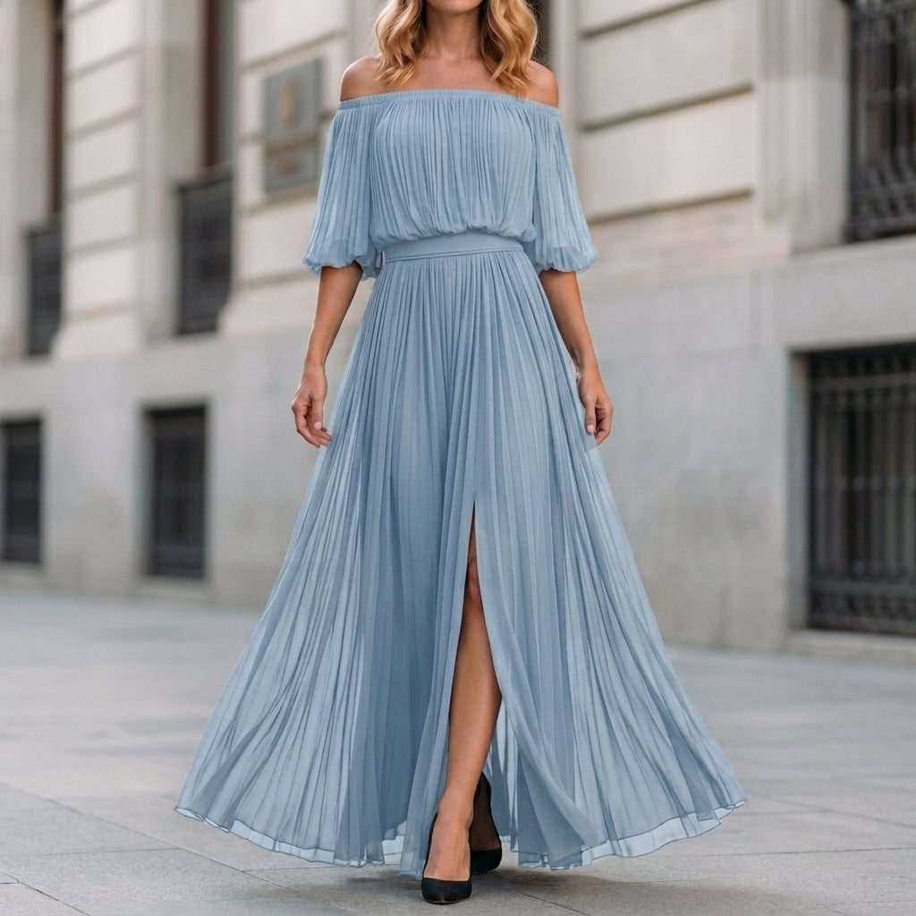 Ethereal Off-Shoulder Pleated Maxi Dress