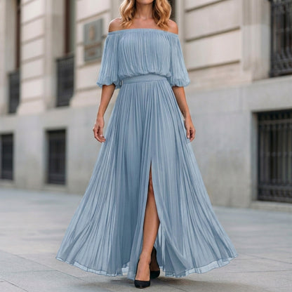 Ethereal Off-Shoulder Pleated Maxi Dress