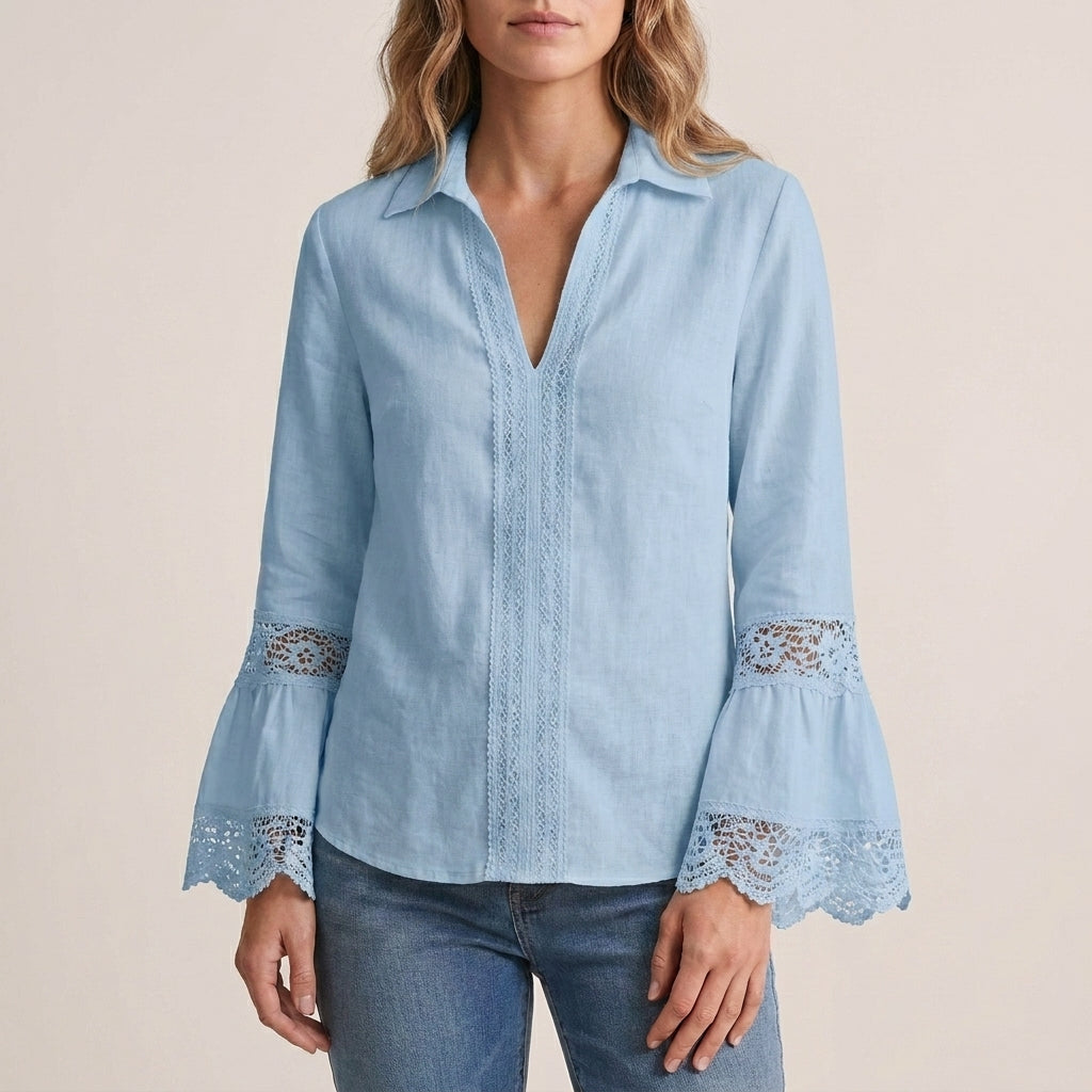 Relaxed Fit Lace-Trim Pullover Shirt with Bell Sleeves and V-Neck