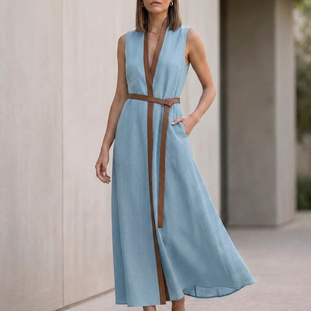 Elegant Sleeveless V-Neck Maxi Dress with Contrast Trim and Tie-Belt