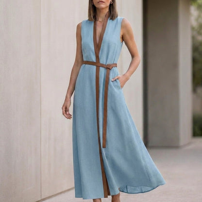 Elegant Sleeveless V-Neck Maxi Dress with Contrast Trim and Tie-Belt
