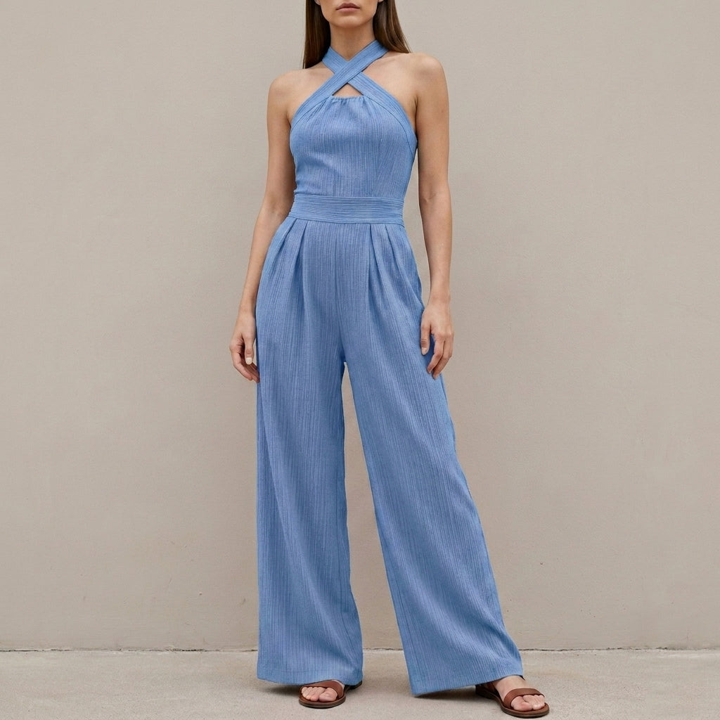 Elegant Cross Halter Wide Leg Jumpsuit