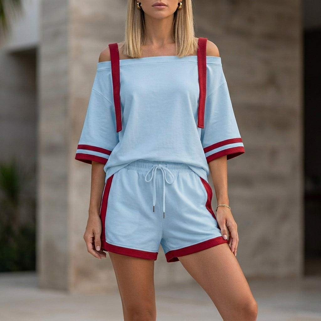 Sporty Contrast Trim Two-Piece Set with Relaxed Off-Shoulder Top