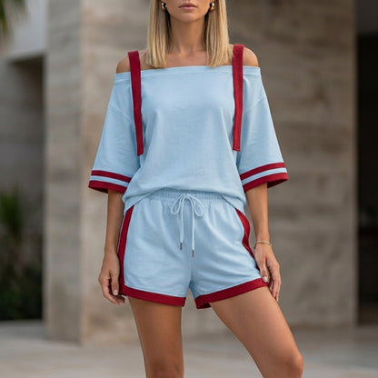 Sporty Contrast Trim Two-Piece Set with Relaxed Off-Shoulder Top