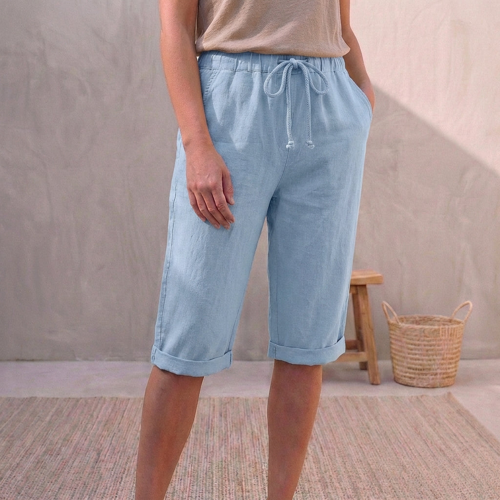 Linen Relaxed-Fit Capri Pants with Drawstring Waist and Cuffed Hem