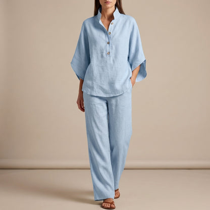 Woven Two-Piece Relaxed Shirt and Wide-Leg Trouser Set for Urban Leisure