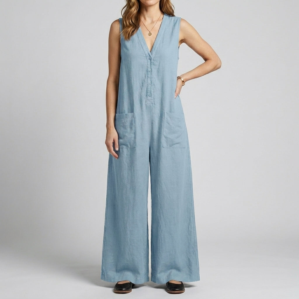 Relaxed Sleeveless Button Front Wide-Leg Jumpsuit