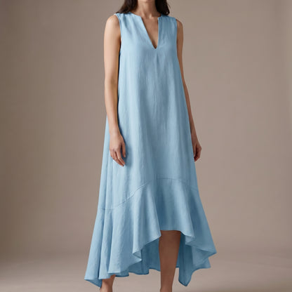 Flowing Sleeveless Maxi Dress with Draped Notched V-Neck and Asymmetric Ruffled Hem