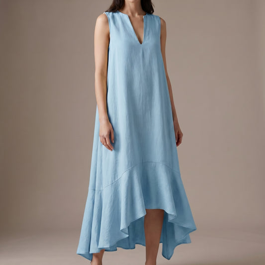 Flowing Sleeveless Maxi Dress with Draped Notched V-Neck and Asymmetric Ruffled Hem