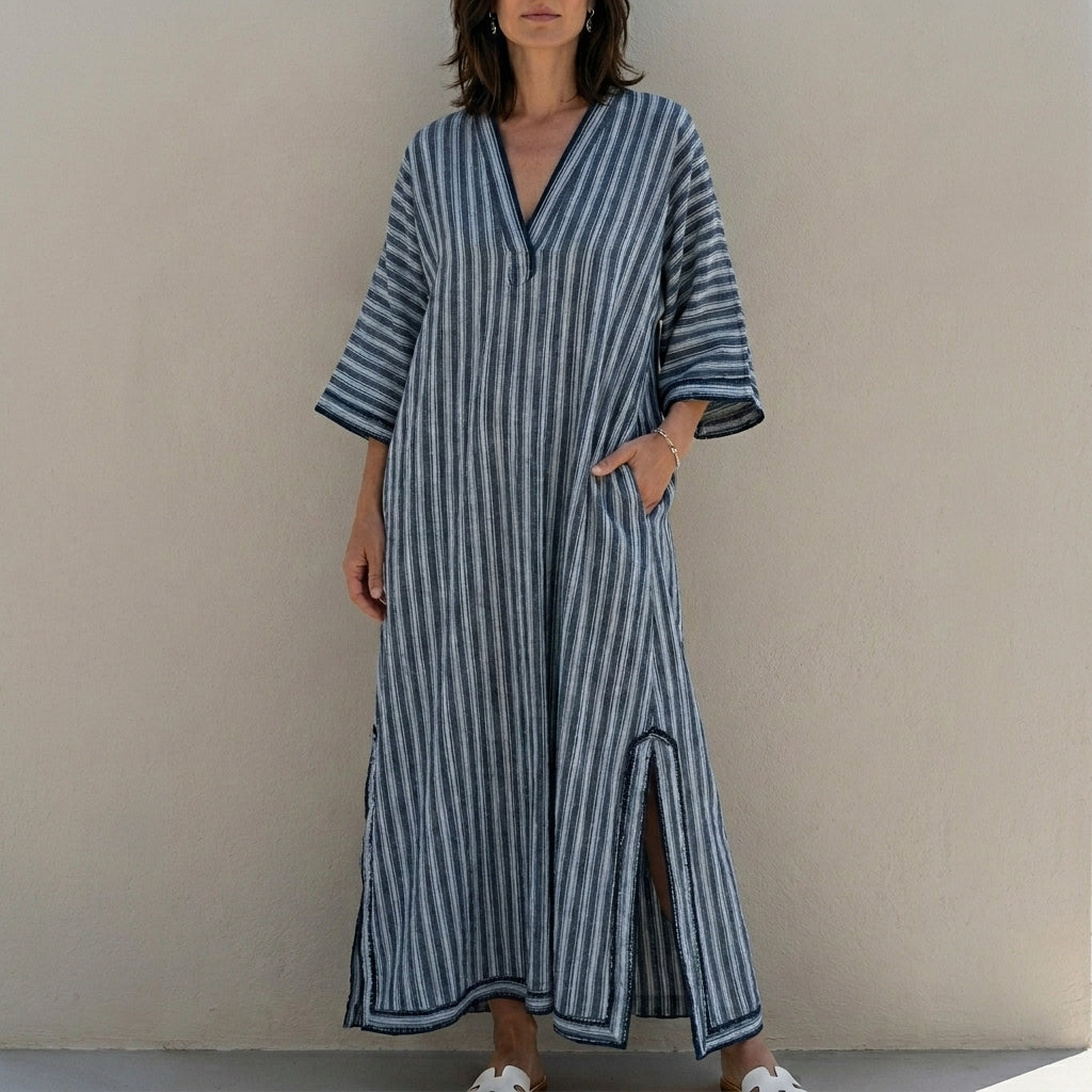 Relaxed Striped Caftan Maxi Dress for Coastal Escapes