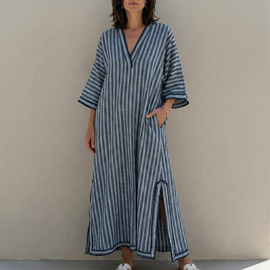 Relaxed Striped Caftan Maxi Dress for Coastal Escapes