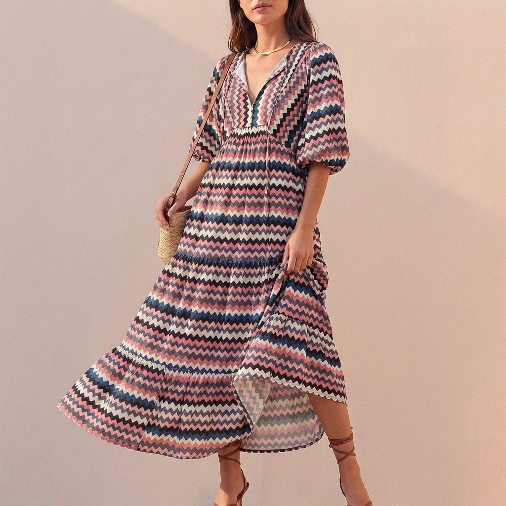 Elegant Flowing V-Neck Midi Dress with Puff Sleeves and Tiered Skirt