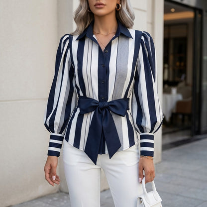Striped Puff Sleeve Blouse with Elegant Waist Tie Silhouette
