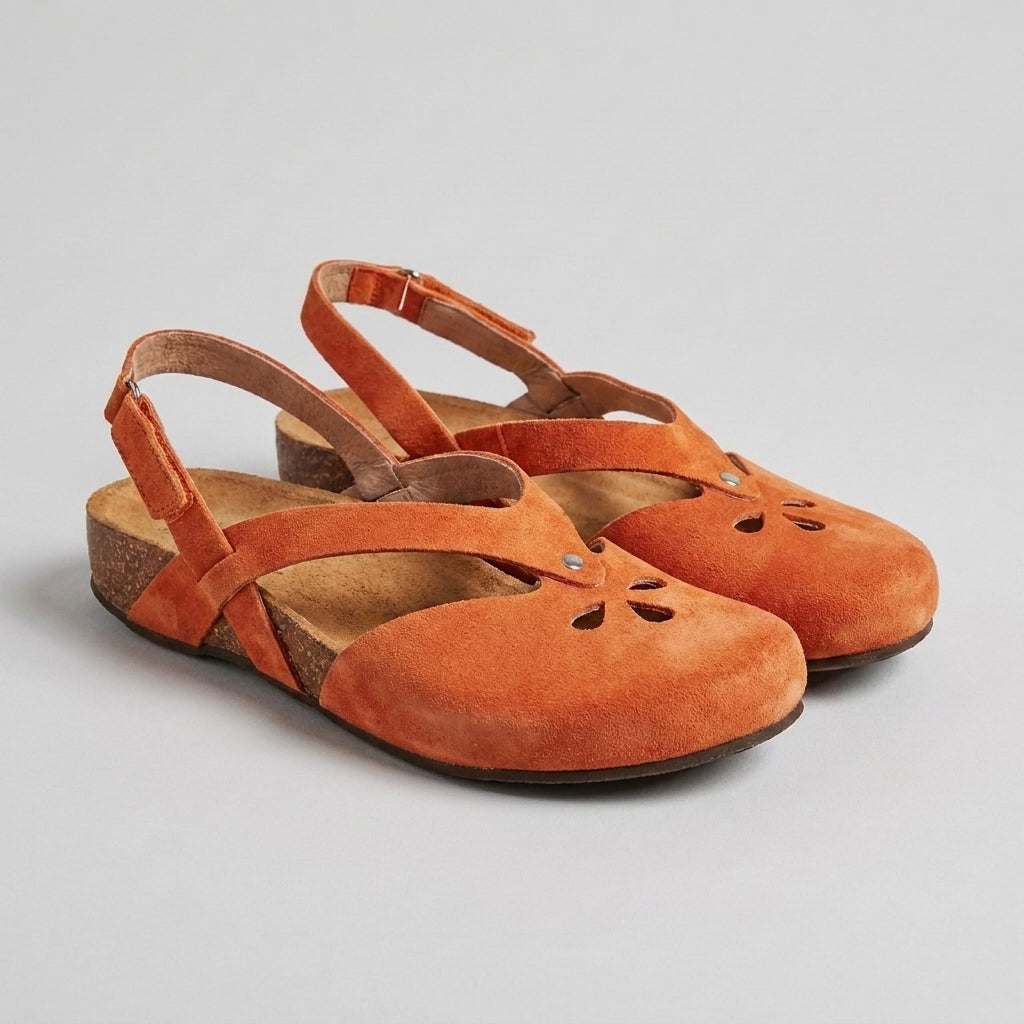 Adjustable T-Strap Sandals with Floral Cutout and Contoured Midsole