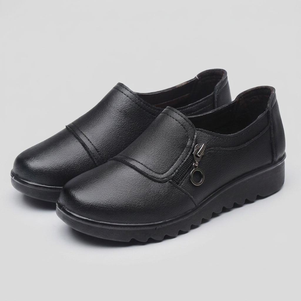 Structured Pebble-Grain Orthopedic Loafers with Side Zip and Platform Sole