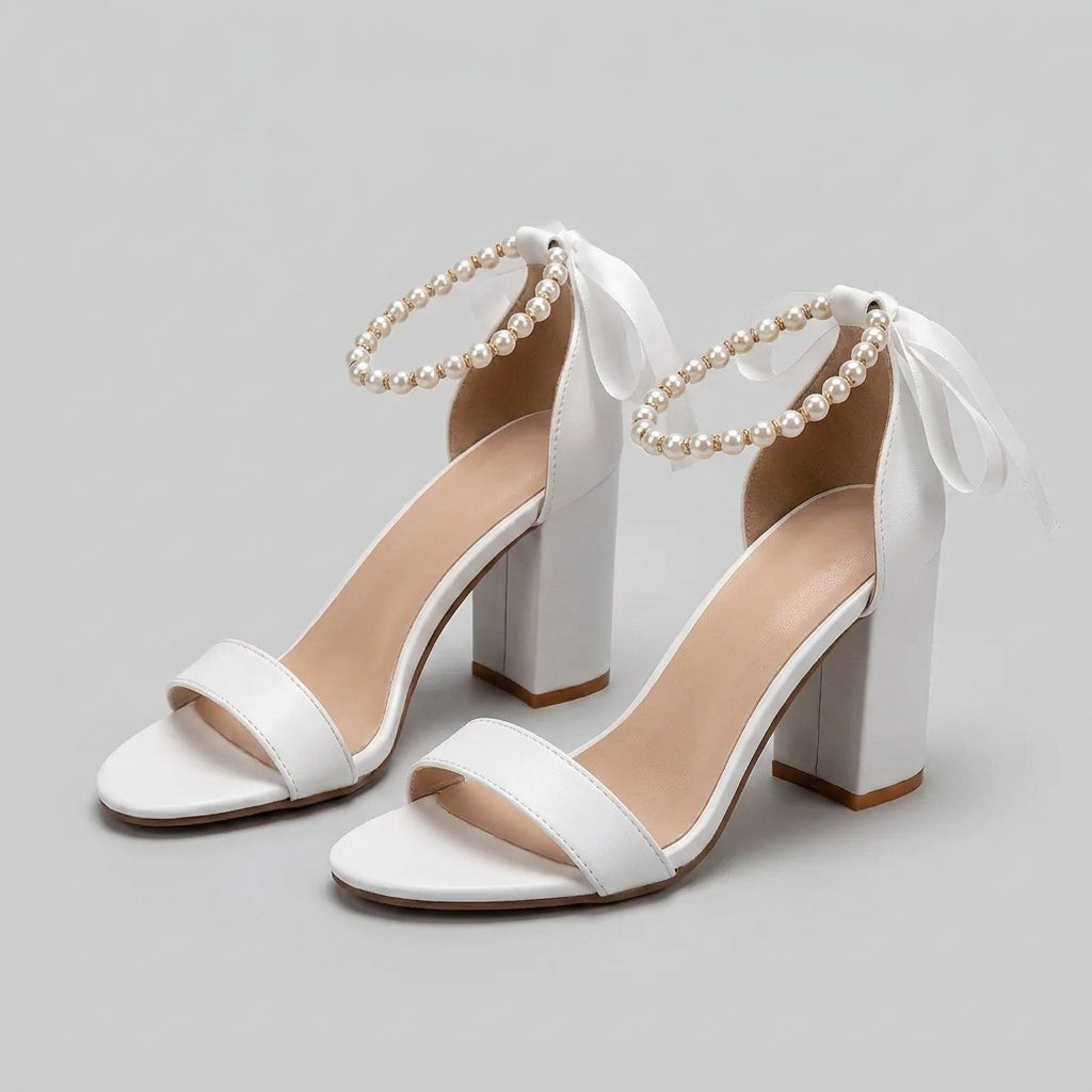 Elegant Block Heel Sandals with Pearl Beaded Ankle and Ribbon Bow