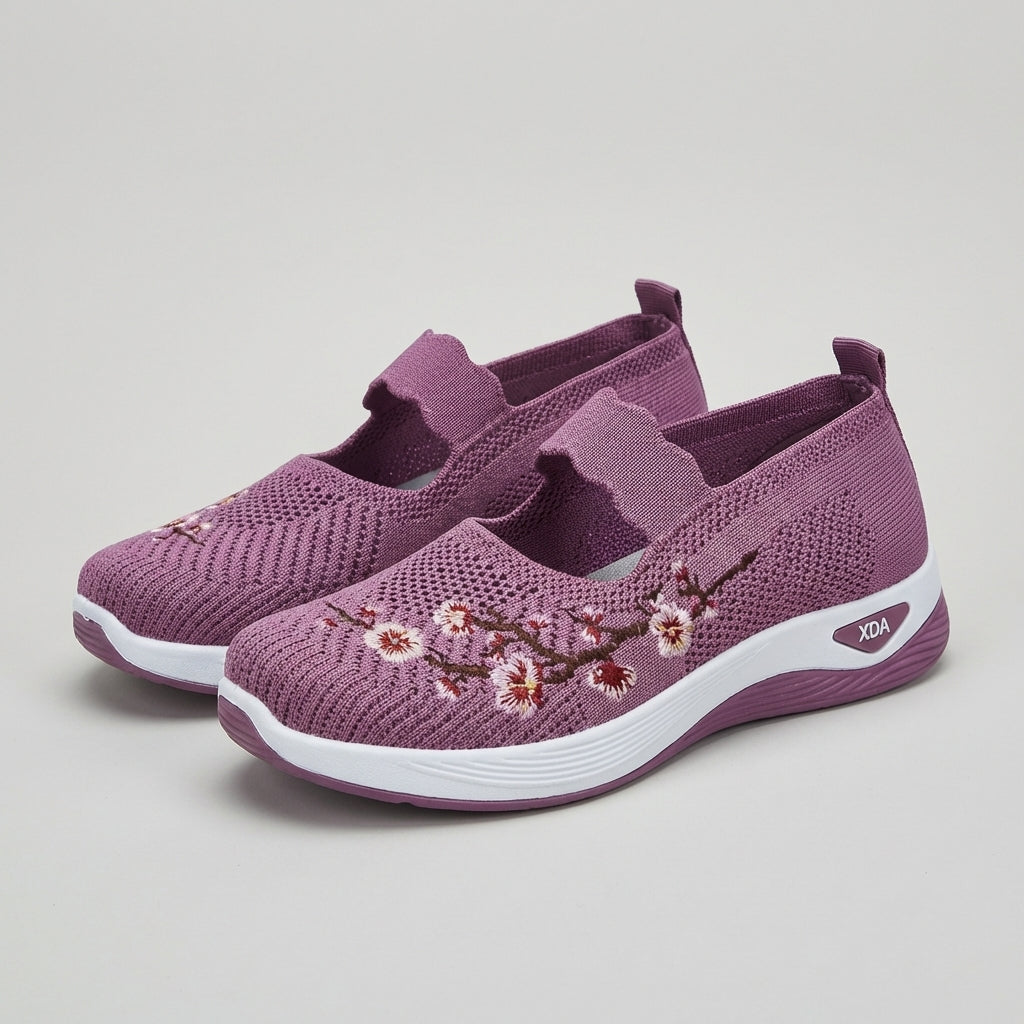 Knit Mesh Mary Jane Flats with Floral Embroidery and Scalloped Strap