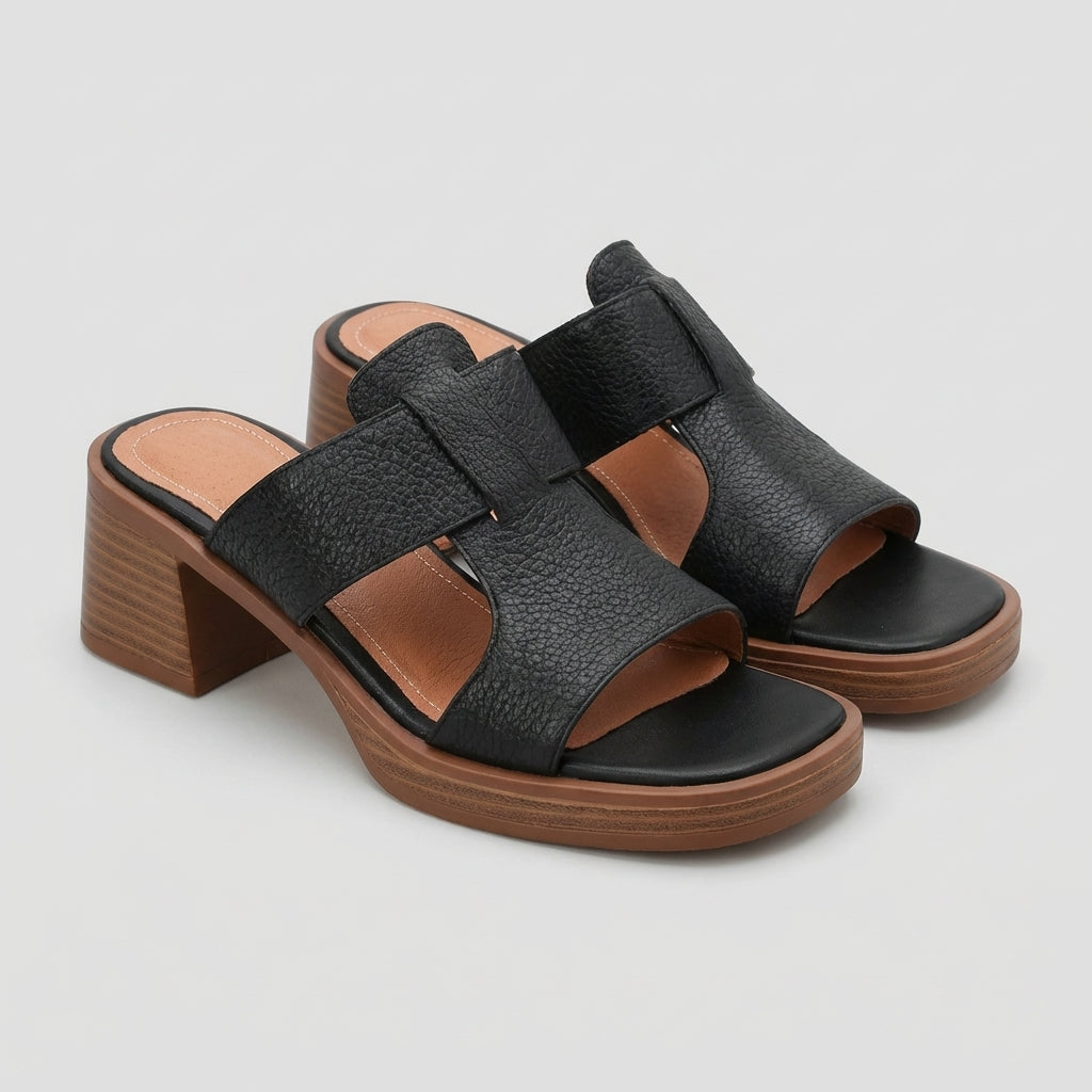 Alessia Pebbled Block Heel Slide Sandals with Sculptural Cutout Strap