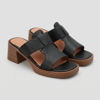 Alessia Pebbled Block Heel Slide Sandals with Sculptural Cutout Strap