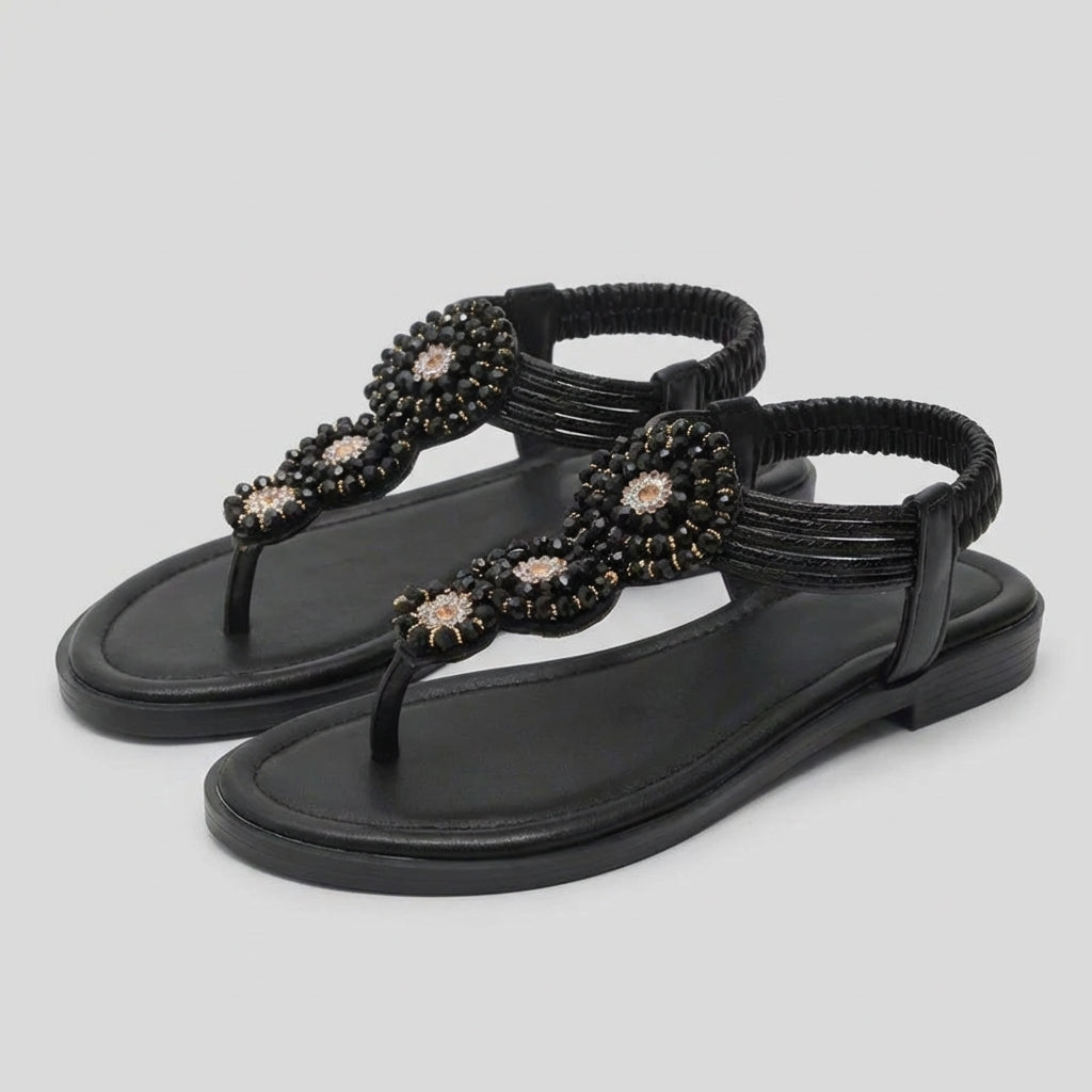 Bohemian Woven Flat Sandals with Beaded Floral Medallions