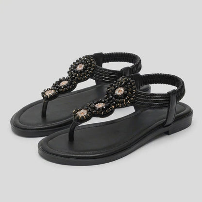 Bohemian Woven Flat Sandals with Beaded Floral Medallions