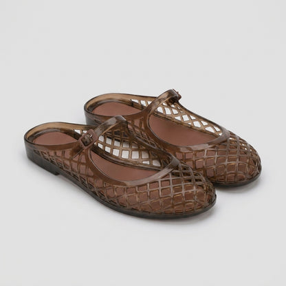 Structured Mary Jane Flat Sandals with Geometric Hollow-Out Lattice